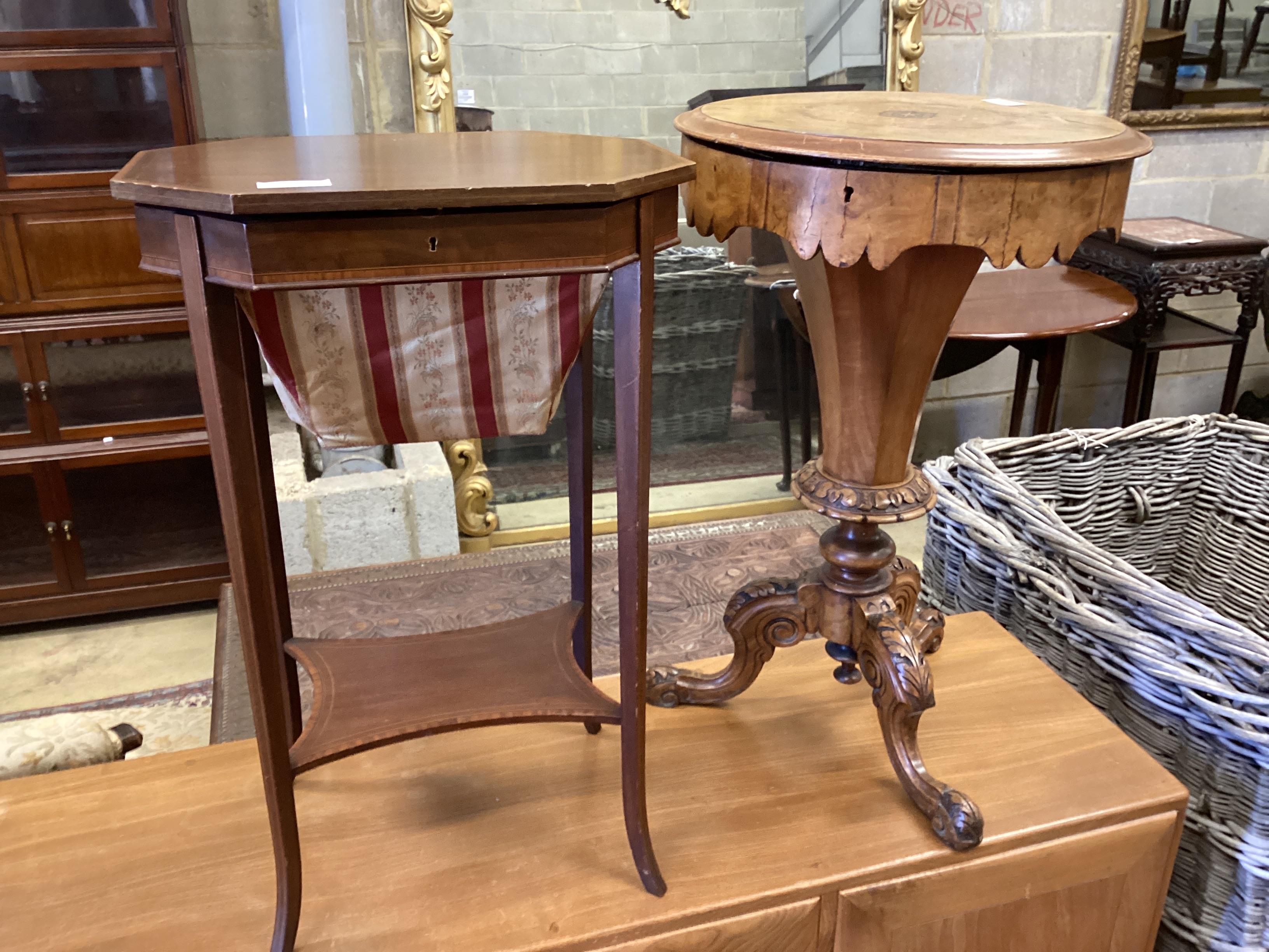 A Victorian walnut trumpet work table and an Edwardian octagonal banded mahogany work table, larger height 73cm